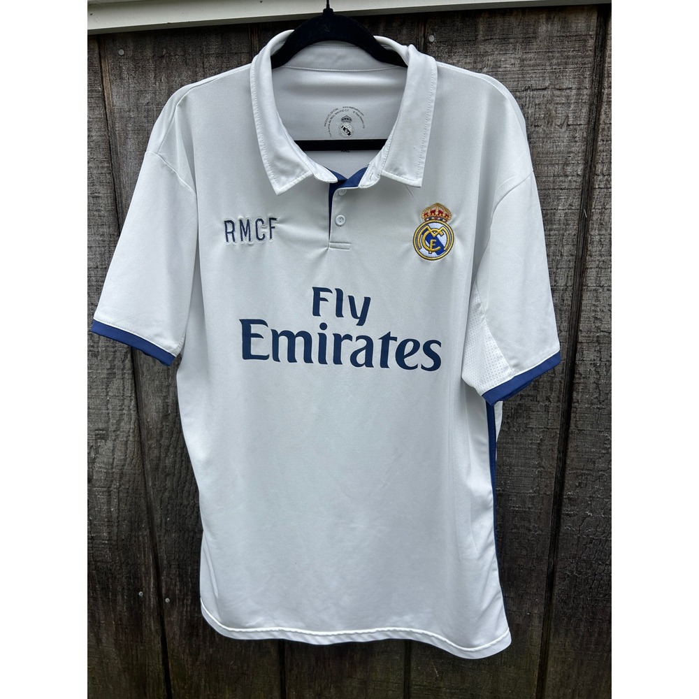 Real Madrid CF Fly Emirates Soccer Polo Shirt White Navy Blue Mens XXL RMCF